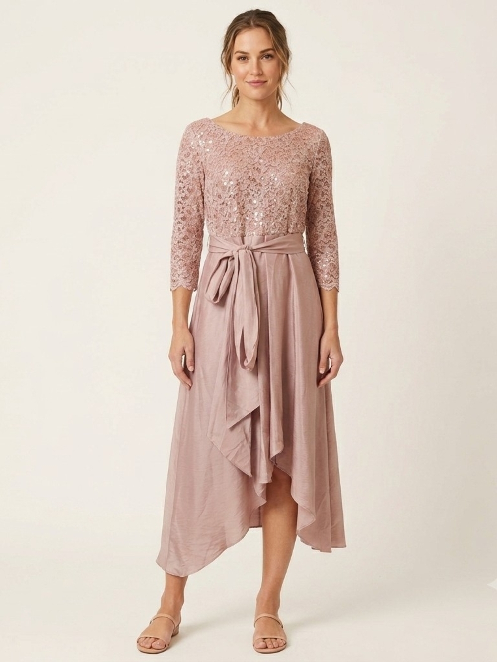 R&M Richards Dusty Rose Lace & Satin Asymmetrical Midi Dress Size 12